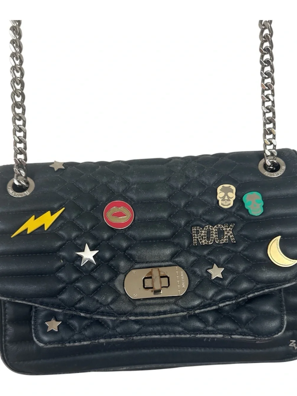 Zadig & Voltaire Black Quilted Chain Shoulder Bag with Enamel Pins